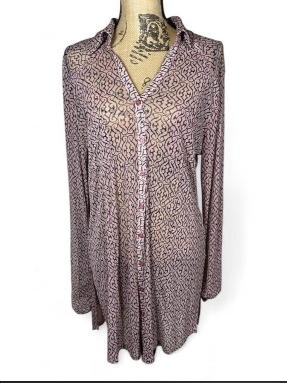 NY Collection Blush Pink Scroll Print Sheer Tunic Button Front Blouse L